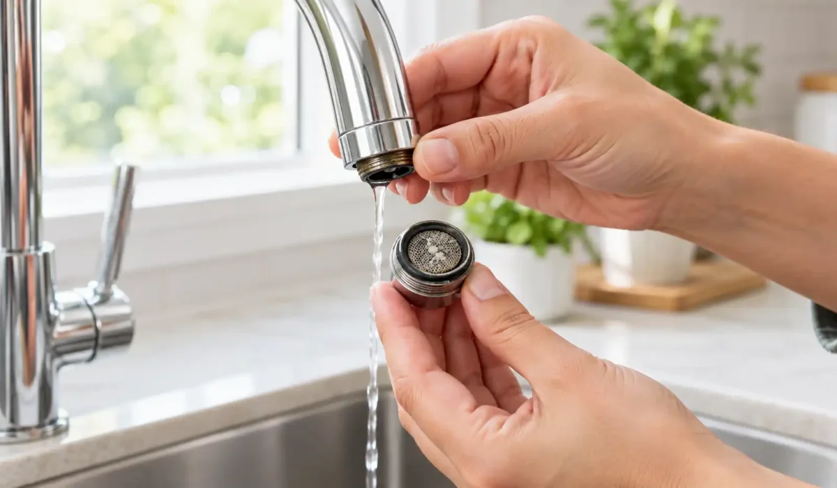 Why is my water pressure low in only one faucet - hands removing a clogged kitchen faucet aerator